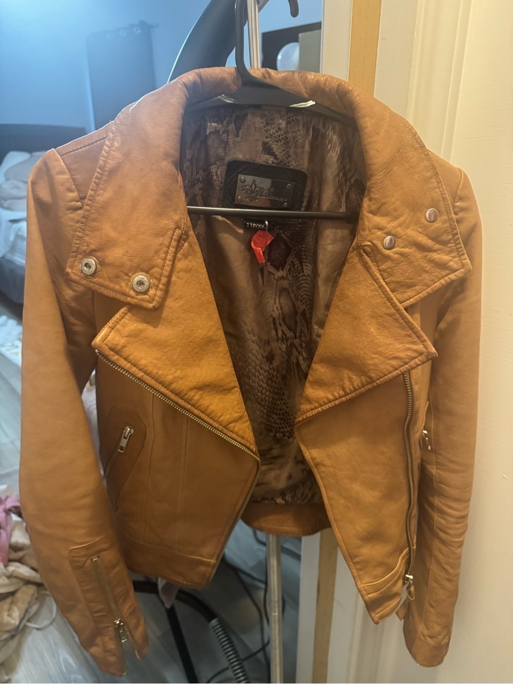 Mackage Tan Leather Bomber Moto Jacket XXS fair condition
